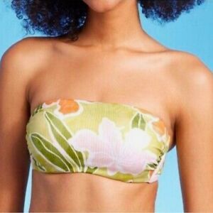 NWT Shade & Shore 32B Ribbed Hidden Underwire Floral Bandeau Bikini Swimsuit